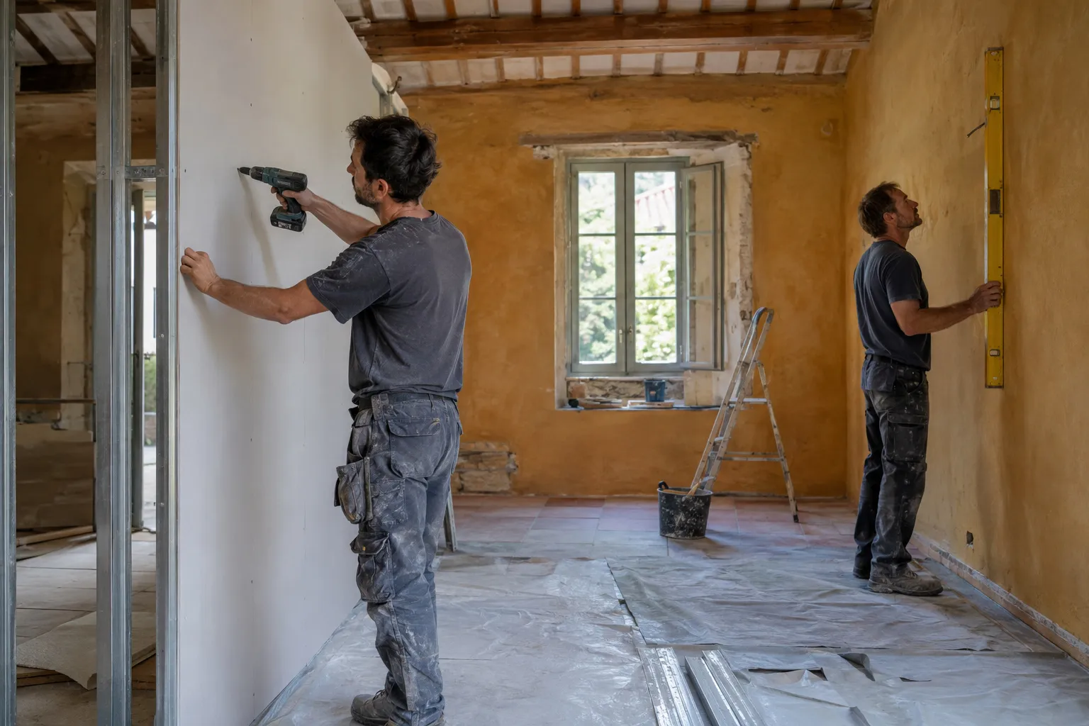 Nos artisans montent une cloison et contrôlent les aplombs dans une pièce en rénovation