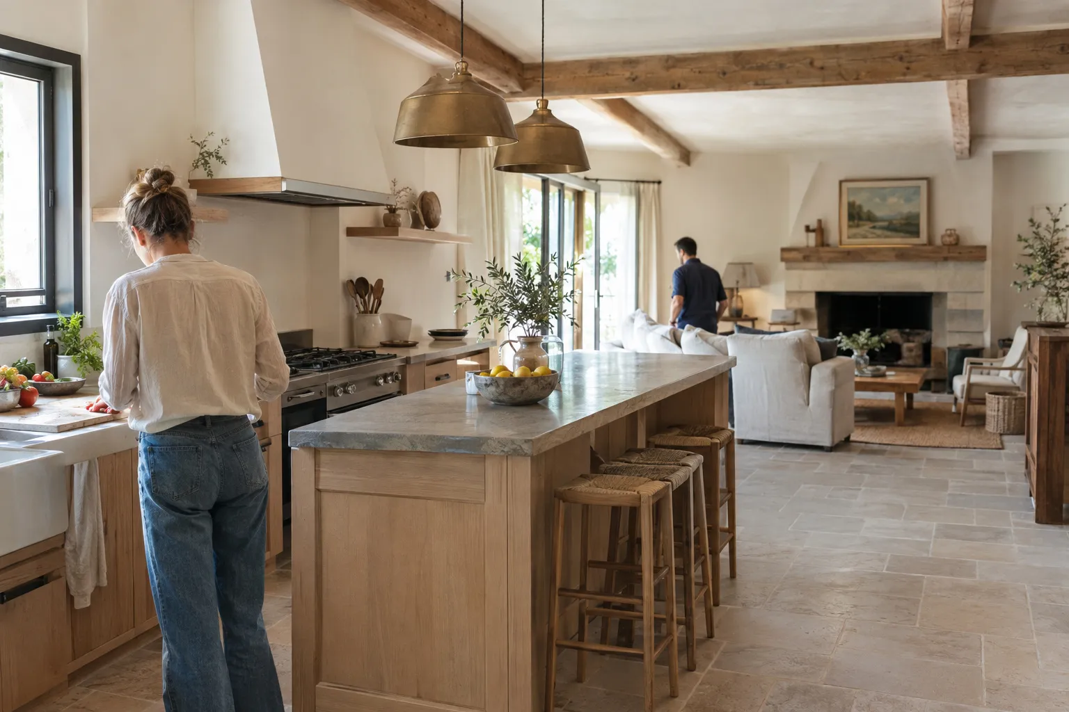 Cuisine ouverte sur le séjour dans une maison provençale, îlot en chêne avec plan de travail en pierre, tabourets en paille, poutres apparentes et sol en pierre claire.
