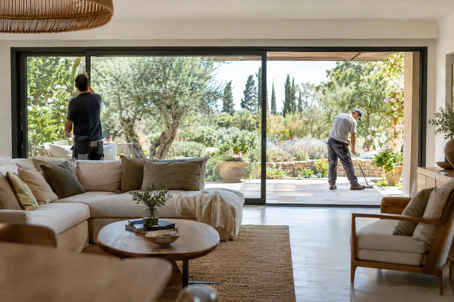 Villa de Rousset en cours d’agrandissement : murs en parpaings d’une nouvelle pièce côté jardin, ossature de toit en pose.