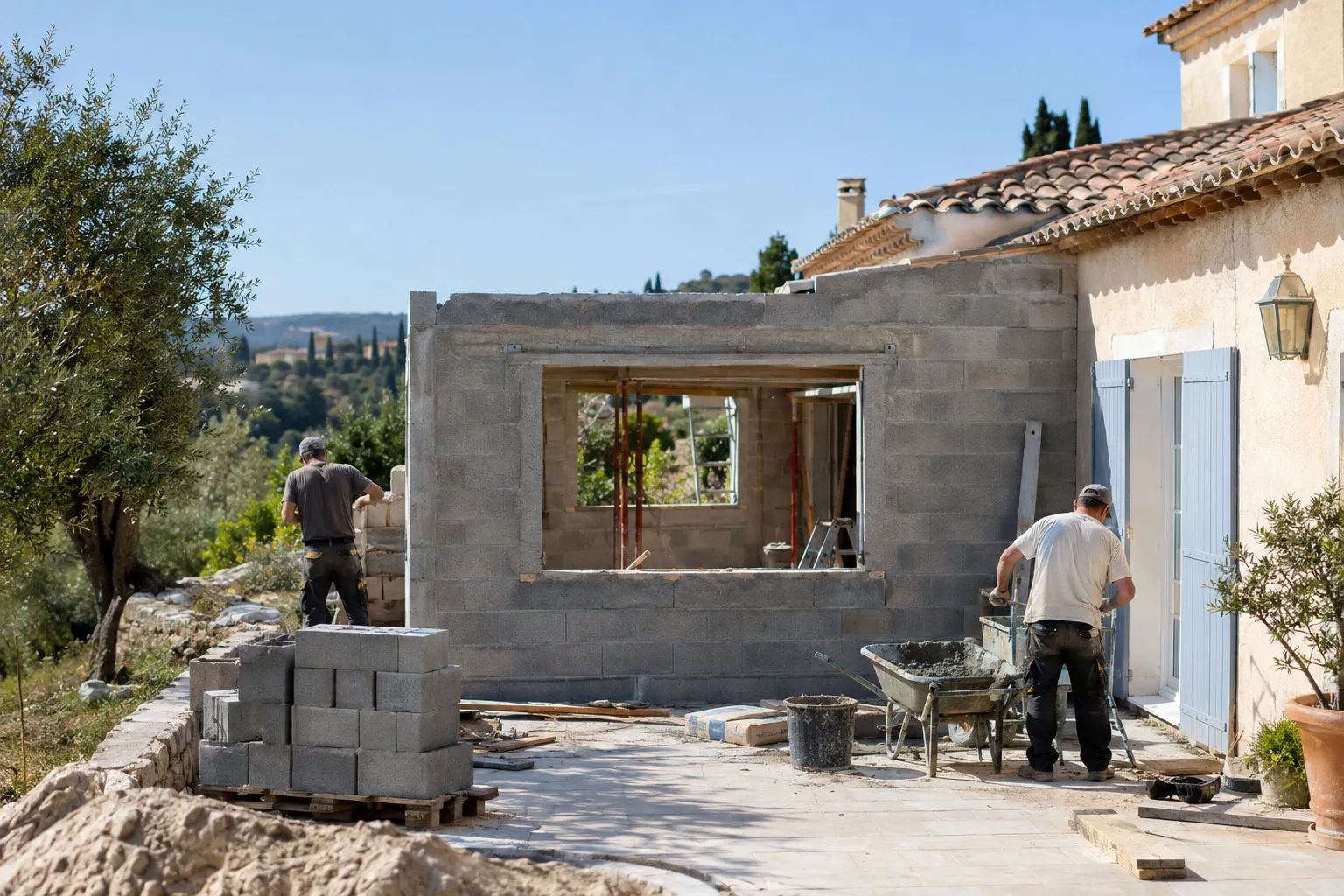 Extension de plain-pied en cours de construction accolée à une maison provençale à toit de tuiles canal