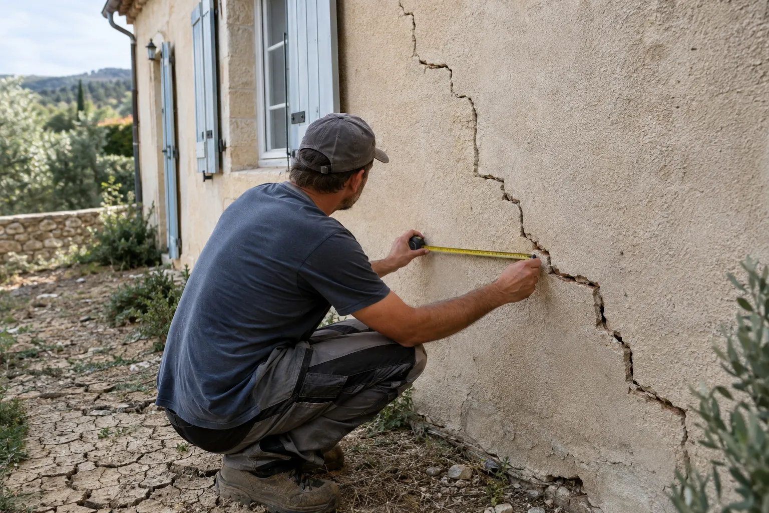 Fissure en escalier dans le mur d’une maison provençale, artisan qui la mesure avec une règle et un fissuromètre.