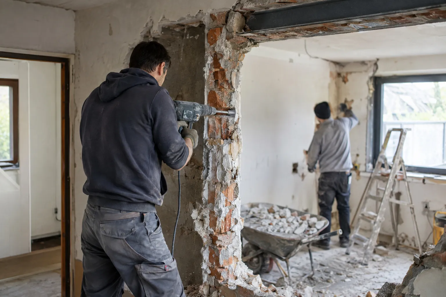 Deux artisans travaillent sur un chantier de rénovation lourde : un mur est abattu et une ouverture creusée.