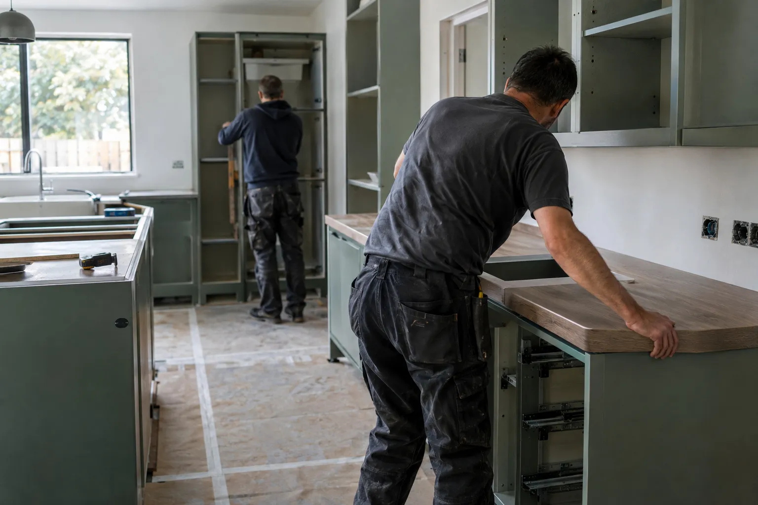 Cuisine en cours de pose : meubles montés, artisan qui ajuste le plan de travail, carrelage protégé.
