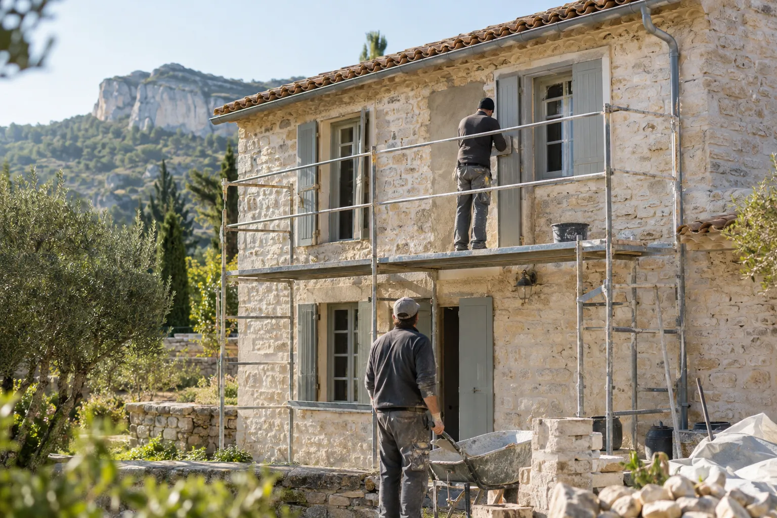 Salon d'une maison de Provence en cours de rénovation : murs fraîchement enduits, sol préparé, lumière douce par la porte-fenêtre.