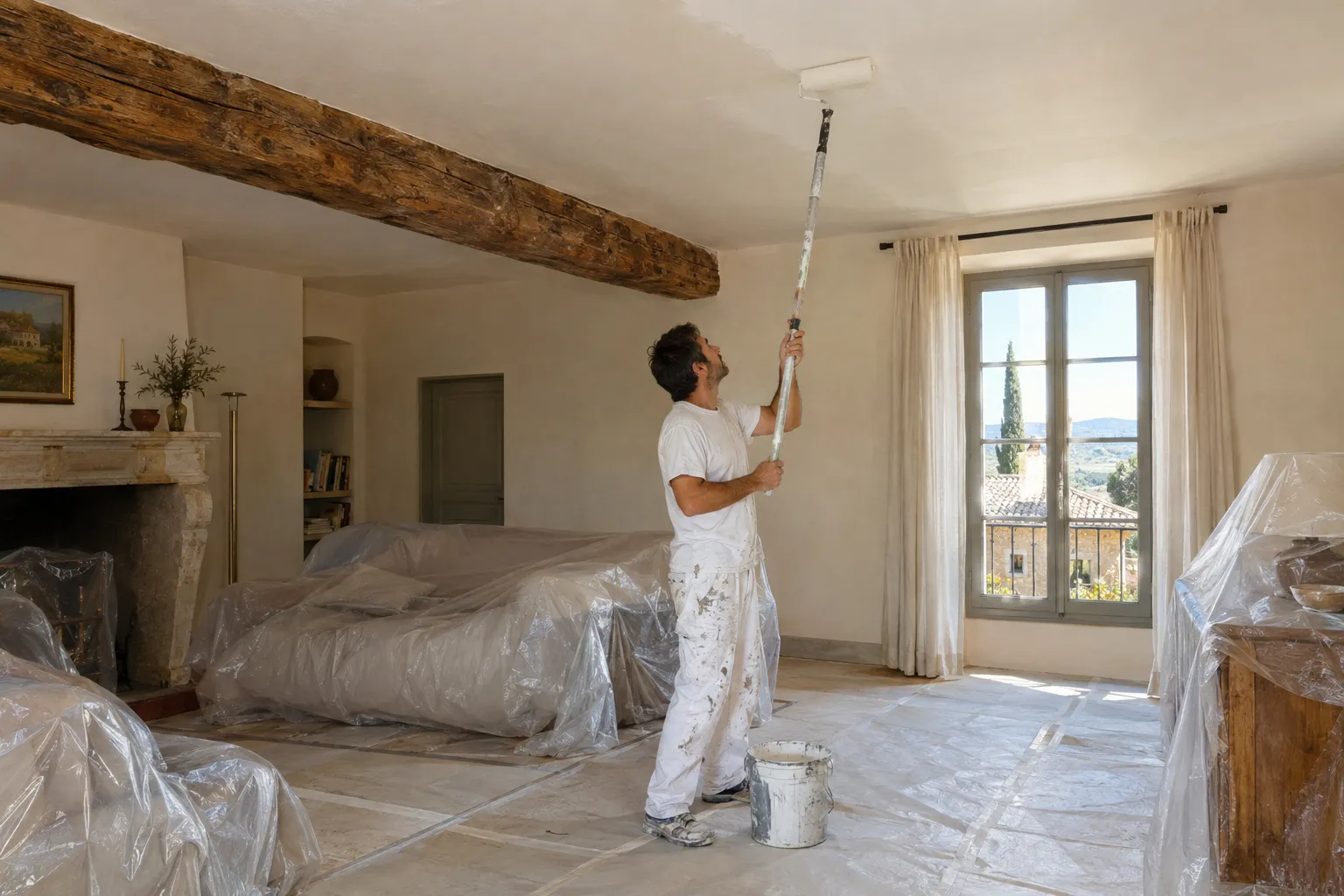 Peintre en tenue blanche passant un rouleau sur un plafond de séjour, meubles bâchés, sol protégé et poutre ancienne visible.