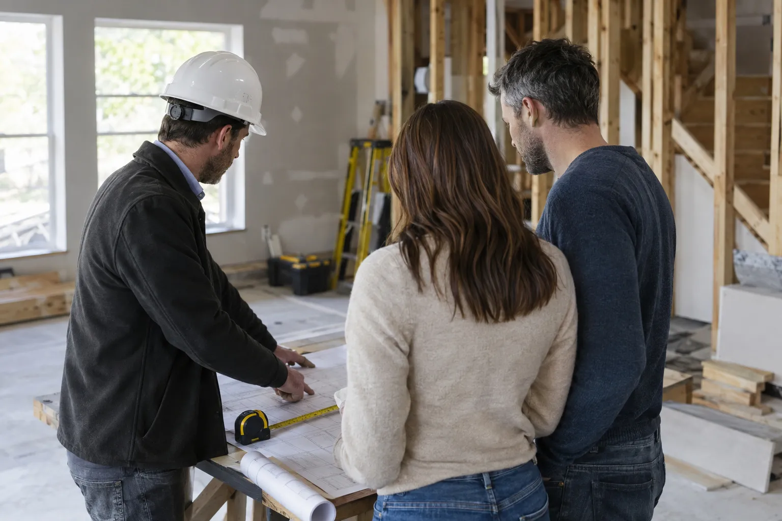 Plans et échantillons de revêtements posés sur une table de chantier dans une maison en rénovation