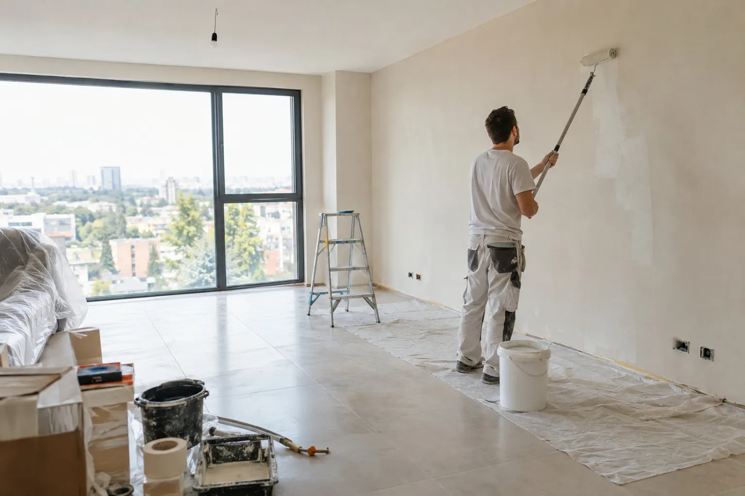 Salon d’un appartement en cours de rénovation, sol fraîchement posé et cloison neuve en plaques de plâtre