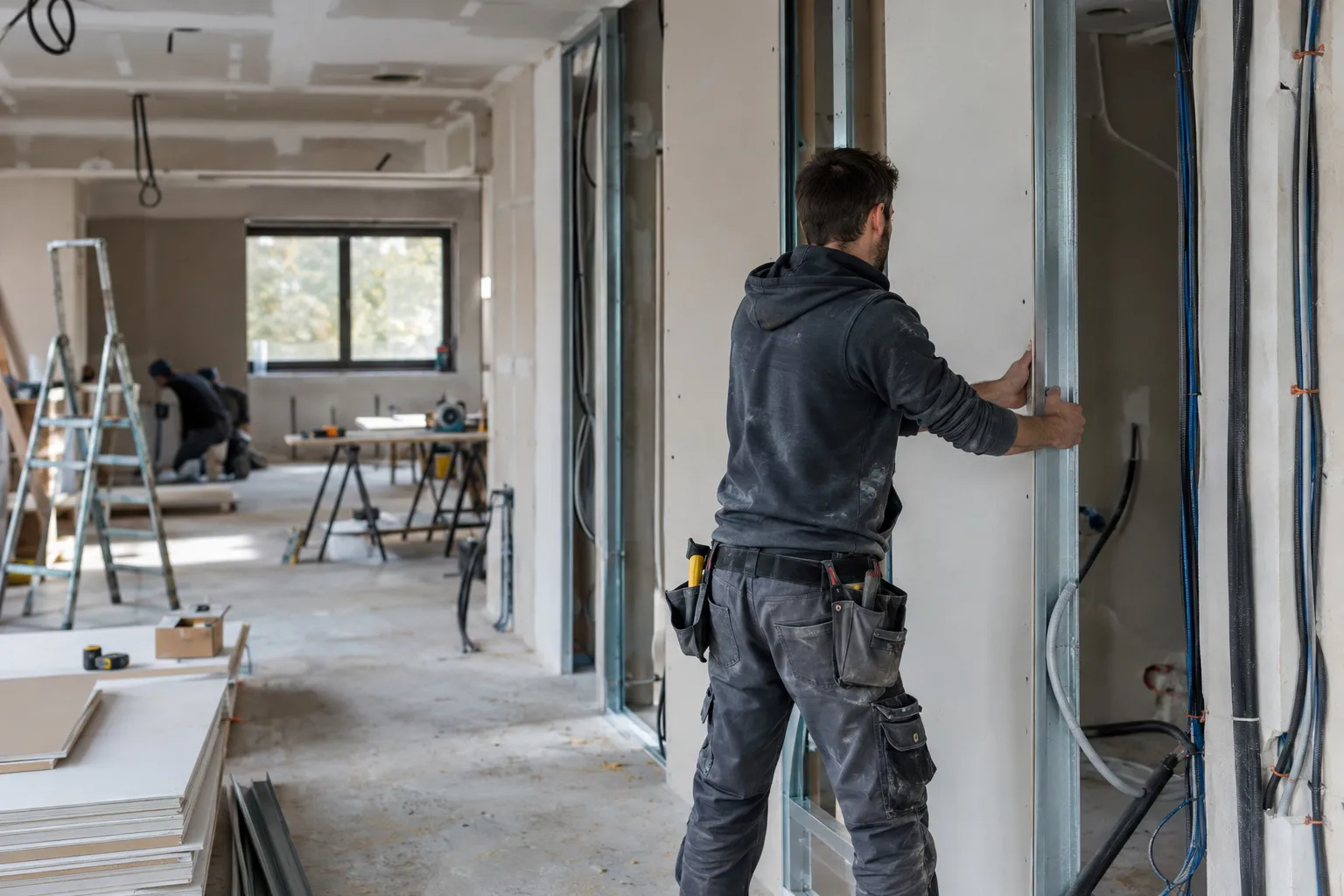 Chantier de rénovation complète d'une maison : cloisons montées, gaines électriques apparentes, plaquiste au travail dans une pièce vide.