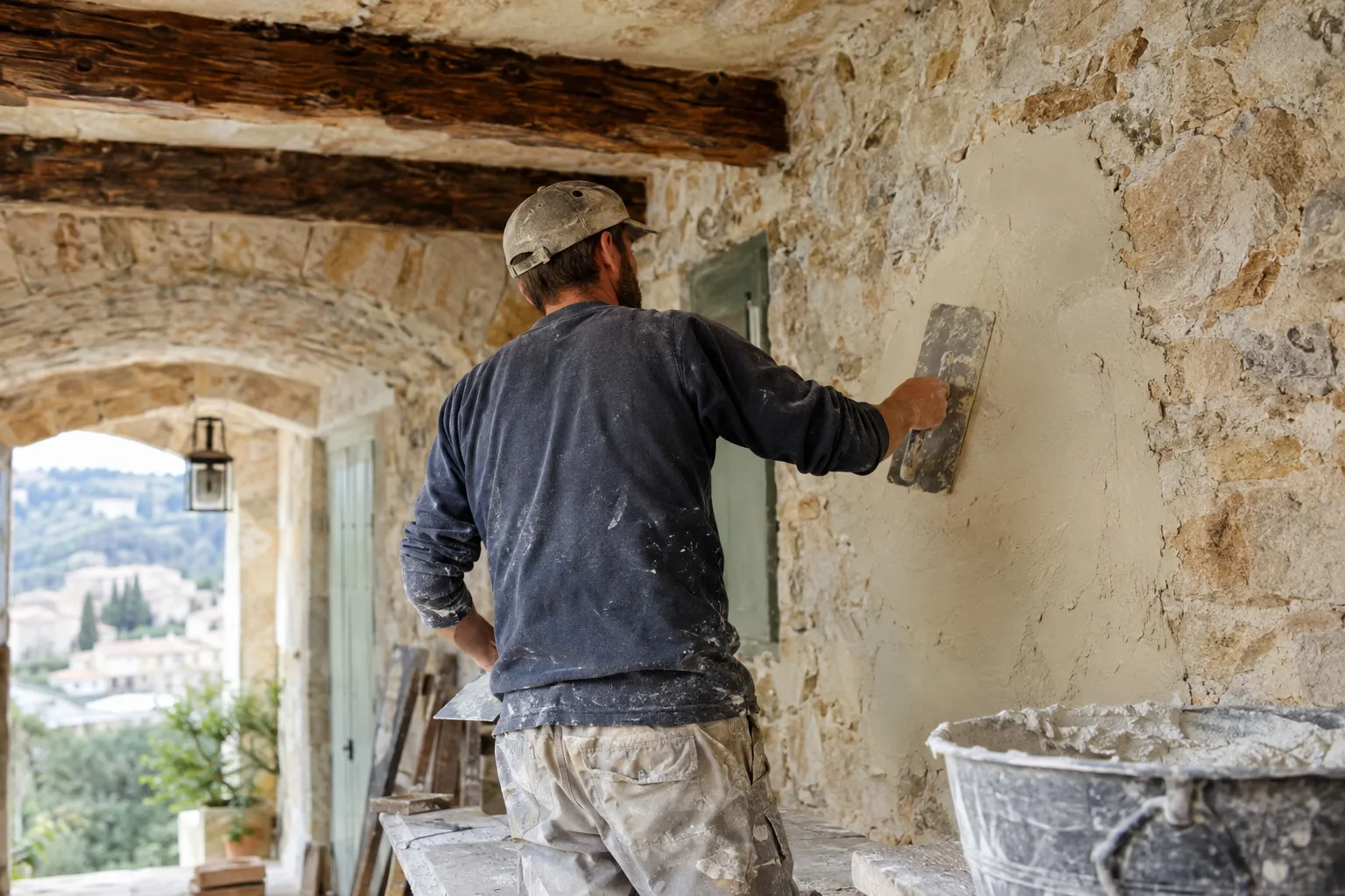 Façade en pierre calcaire d'un mas provençal avec enduit à la chaux en cours de réfection et toit de tuiles canal.