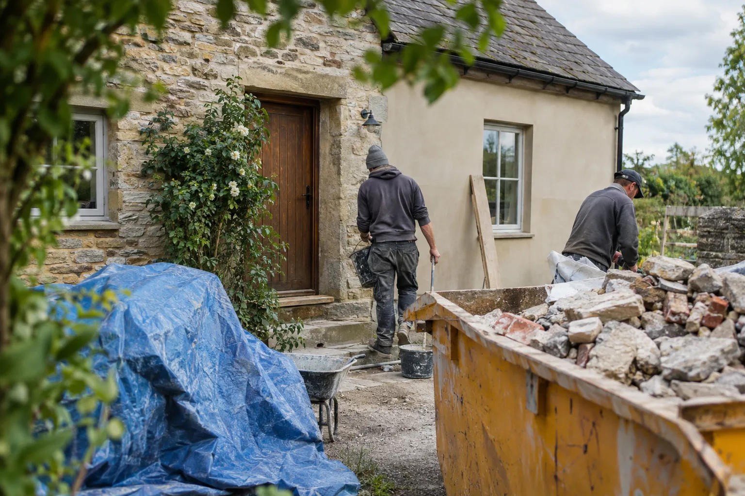 Ruelle étroite d'un village provençal avec une maison en pierre en travaux, échafaudage léger et matériaux stockés contre la façade.