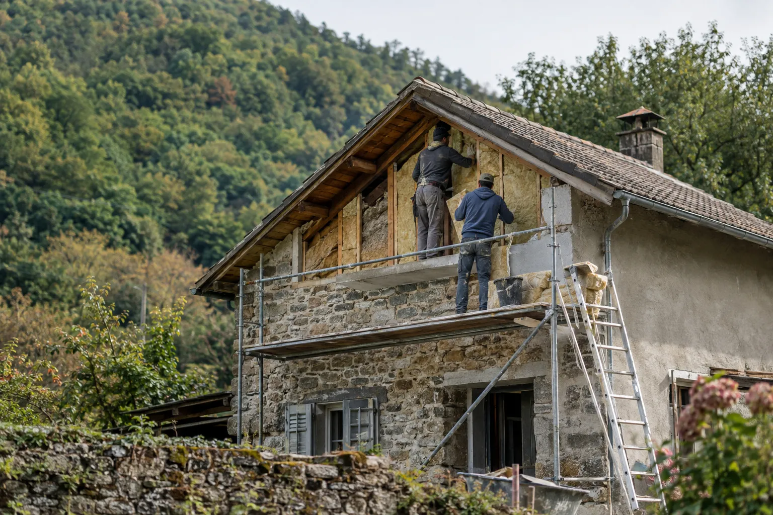 Maison de village de Gréasque en pierre et crépi ocre, échafaudage léger en façade et artisans qui reprennent l’enduit.