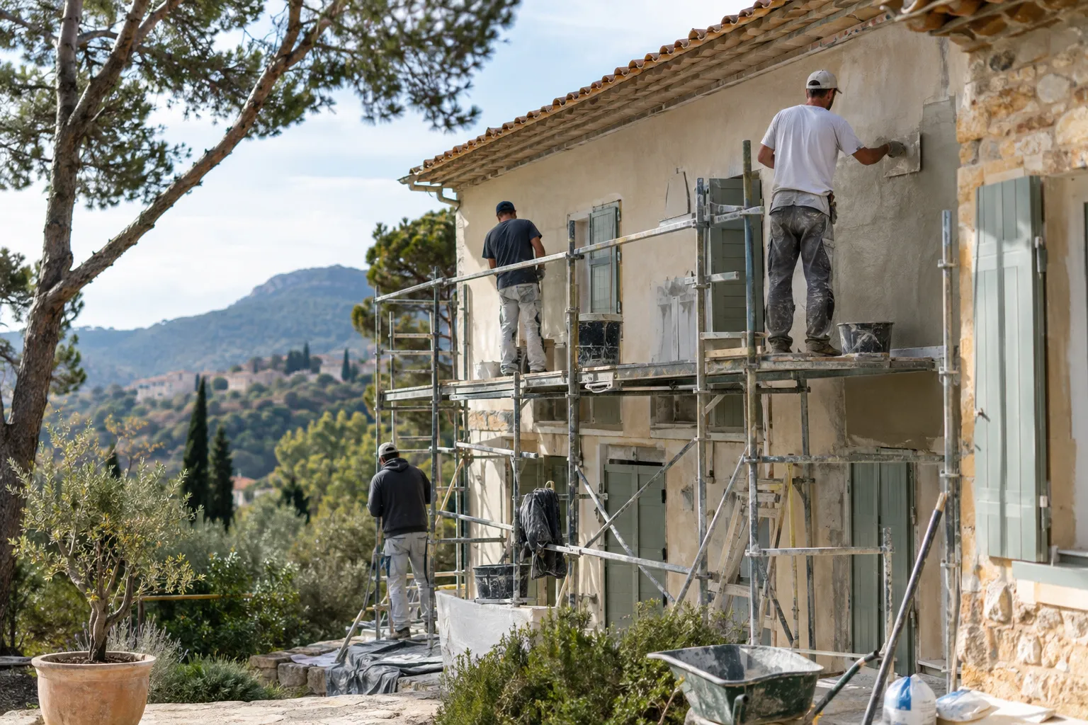 Villa provençale de Rousset aux volets clairs, pins parasols dans le jardin et chantier de rénovation en cours devant la façade.