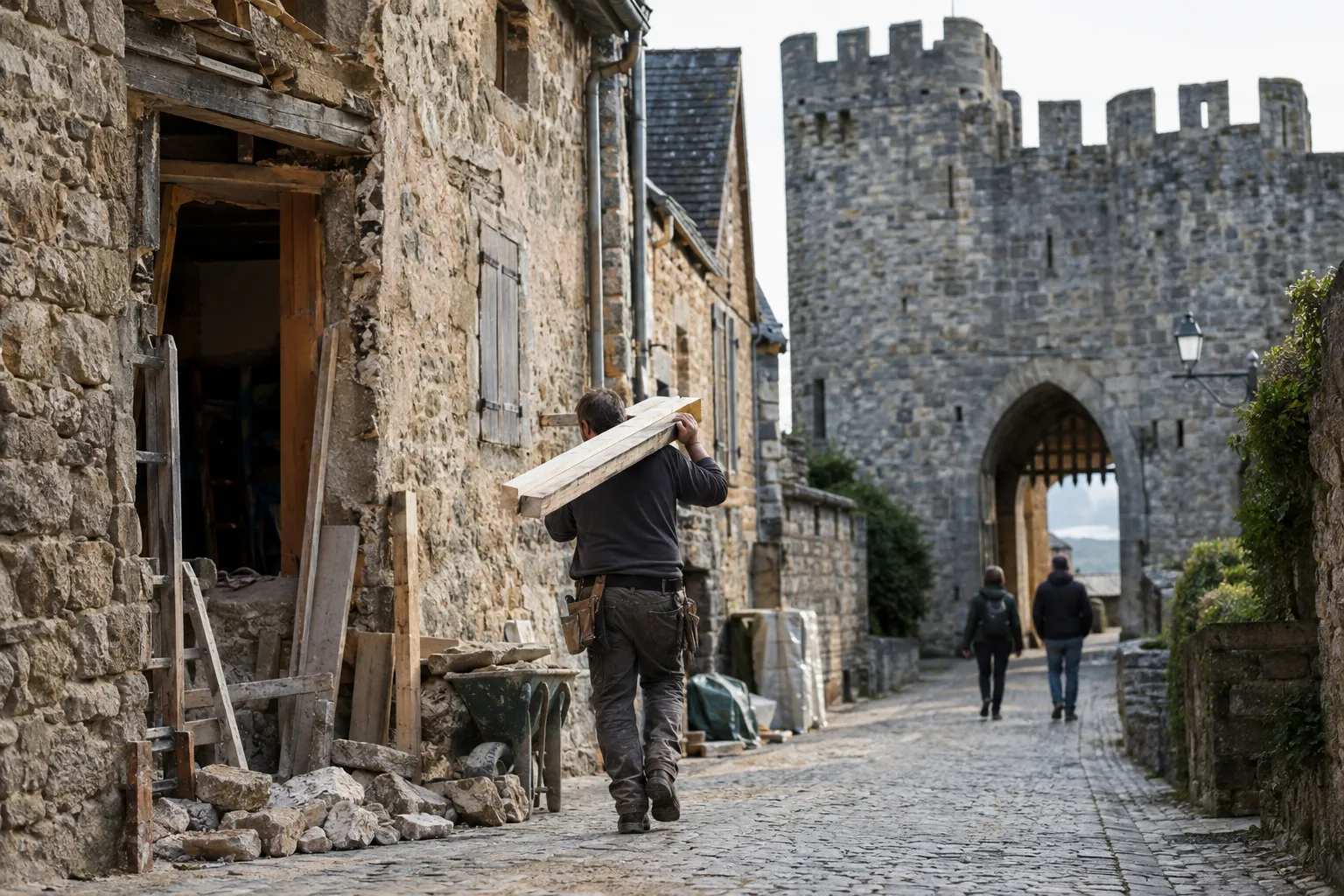 Ruelle ancienne du centre de Trets avec façades en pierre enduite et volets en bois