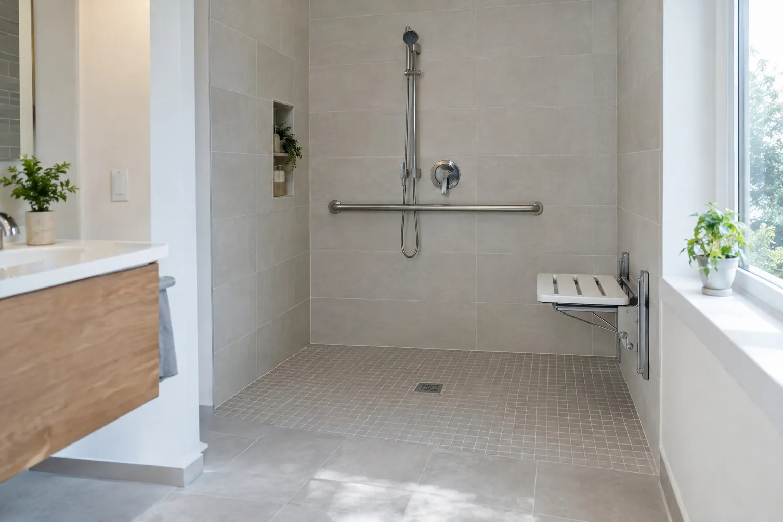 Douche de plain-pied avec barre d’appui, siège rabattable et sol en petites mosaïques grises, utilisée par une personne en fauteuil roulant.