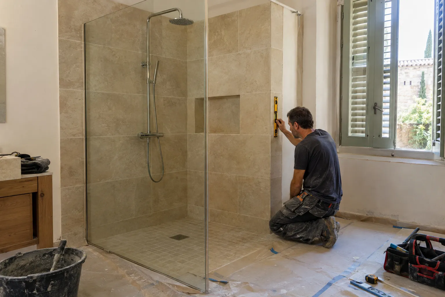 Un artisan contrôle d’aplomb le carrelage d’une douche à l’italienne dans une salle de bain de maison en rénovation.