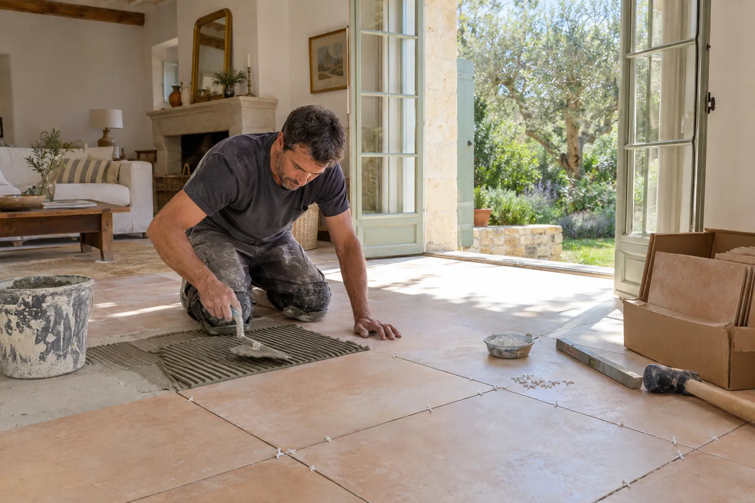 Un carreleur à genoux étale la colle à la truelle et pose de grands carreaux beige rosé dans un séjour ouvert sur un jardin d’oliviers.